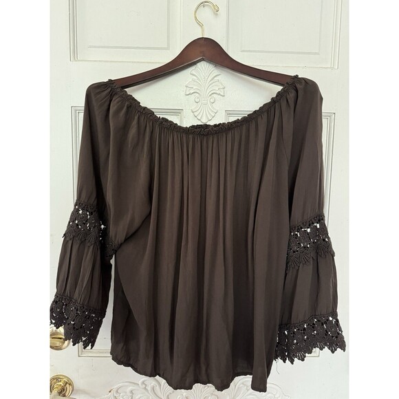 Tesoro Vintage Italian Blouse Boho Brown Crochet Trim One Size Made in Italy - Picture 2 of 5